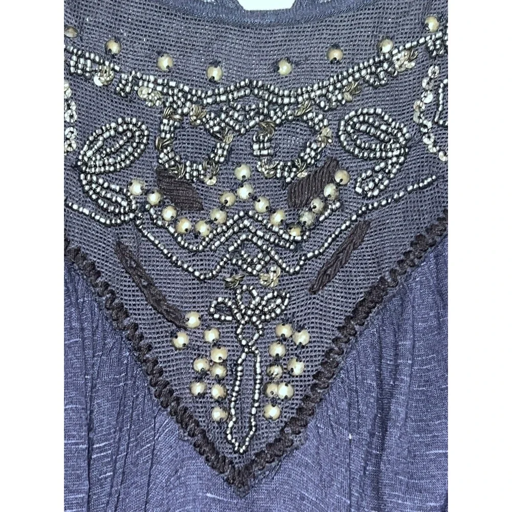 Free People Navy Blue Beaded Sequin Mesh Yoke Long Sleeve Flowy Blouse XS Boho